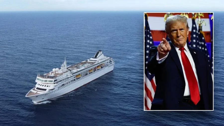 A large white cruise ship sails on the open ocean, while a smaller inset image shows Donald Trump pointing directly at the…