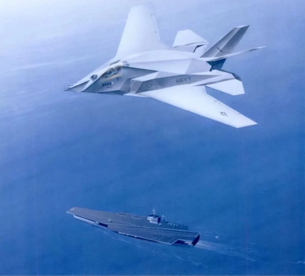 A white, angular, futuristic fighter jet with 'NAVY' written on its side flies above a large aircraft carrier sailing on…