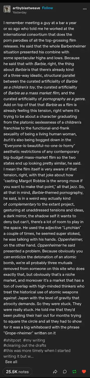 A screenshot of a long-form text post on a social media platform, featuring white text on a dark background. The post is a…