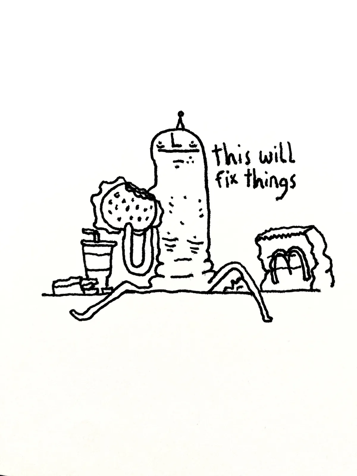 A black-and-white line drawing shows a cartoonish, tall, cylindrical character with a sad face, surrounded by various fast…