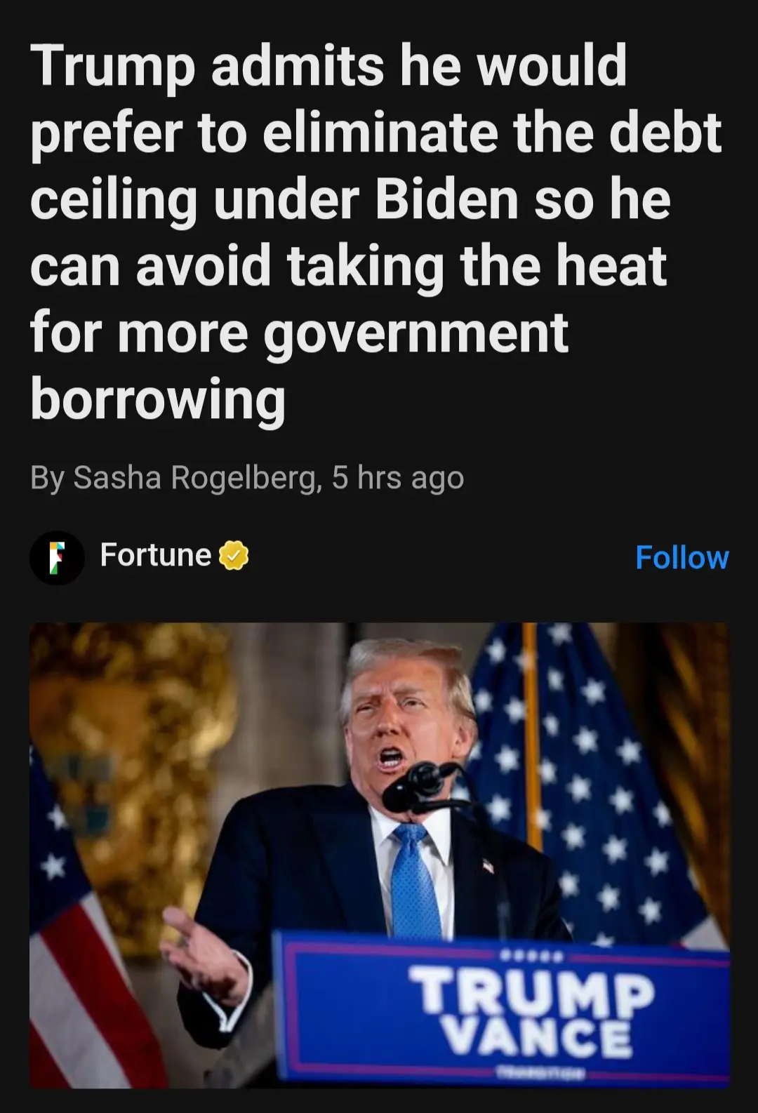 A screenshot of a Fortune article by Sasha Rogelberg shows a photo of Donald Trump speaking at a podium with 'TRUMP VANCE'…