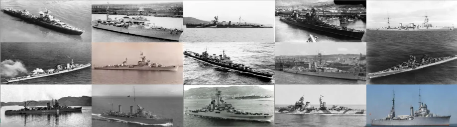 A black-and-white collage of 15 historical warships from various nations, shown in different poses—sailing, docked, or…