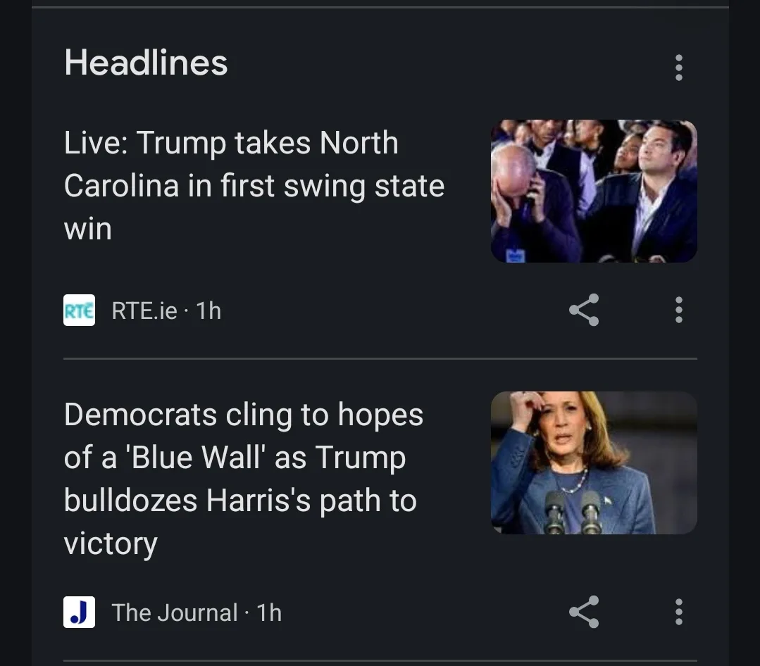 A screenshot of a news app showing two headlines: the first reports Trump winning North Carolina, accompanied by an image of…