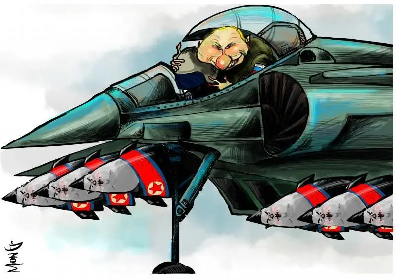 A cartoon depicts a caricature of Vladimir Putin in the cockpit of a fighter jet, smiling broadly with his hands on his…