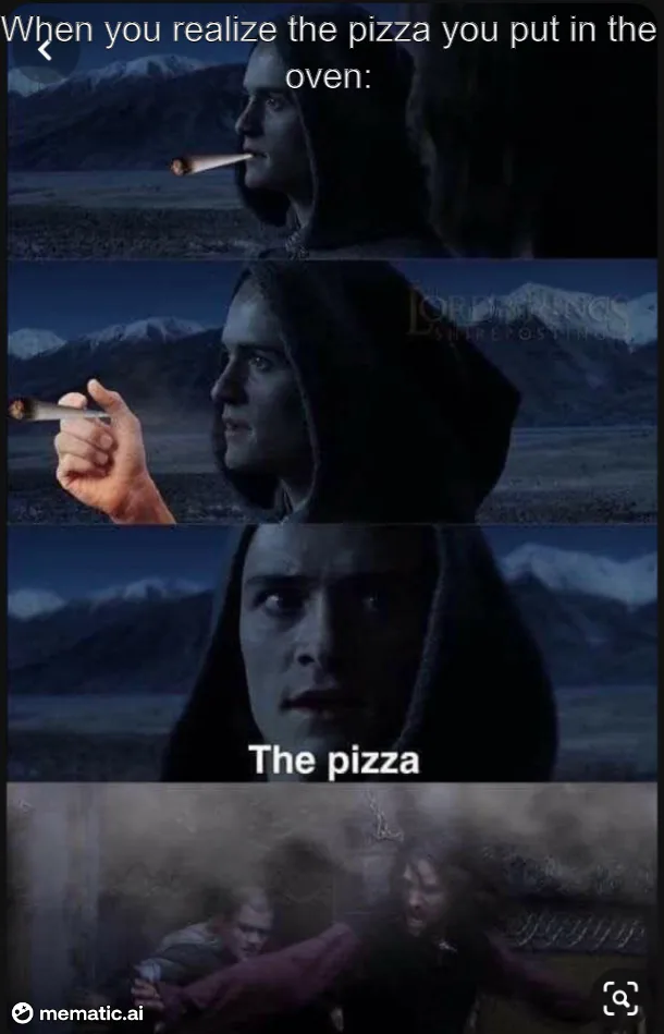 A four-panel meme using a scene from 'The Lord of the Rings' featuring a hooded character holding a lit cigarette. The top…