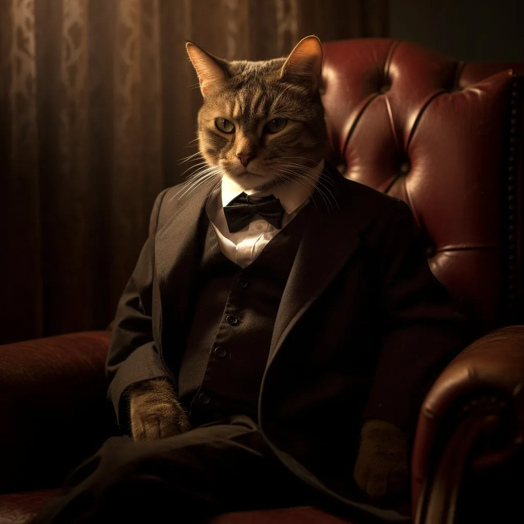 A tabby cat sits regally in a red leather armchair, dressed in a formal black suit with a vest and bow tie, looking sternly…