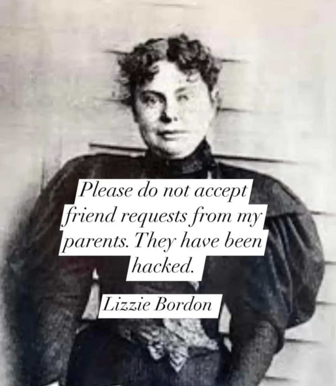 A black-and-white historical mugshot of Lizzie Bordon, a woman with curly hair and a serious expression, overlaid with text…
