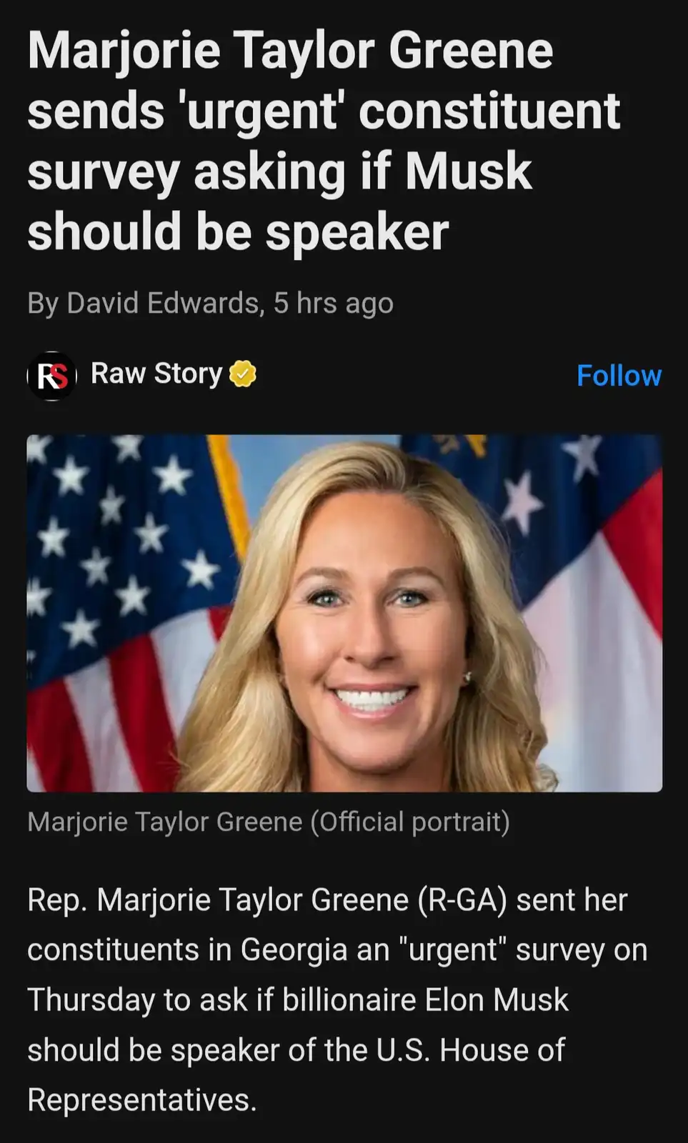 A screenshot of a Raw Story article shows an official portrait of Marjorie Taylor Greene smiling in front of American flags…