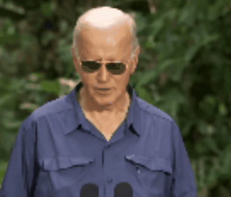 A six-panel image sequence shows Joe Biden in a blue shirt and sunglasses, initially facing forward at microphones, then…