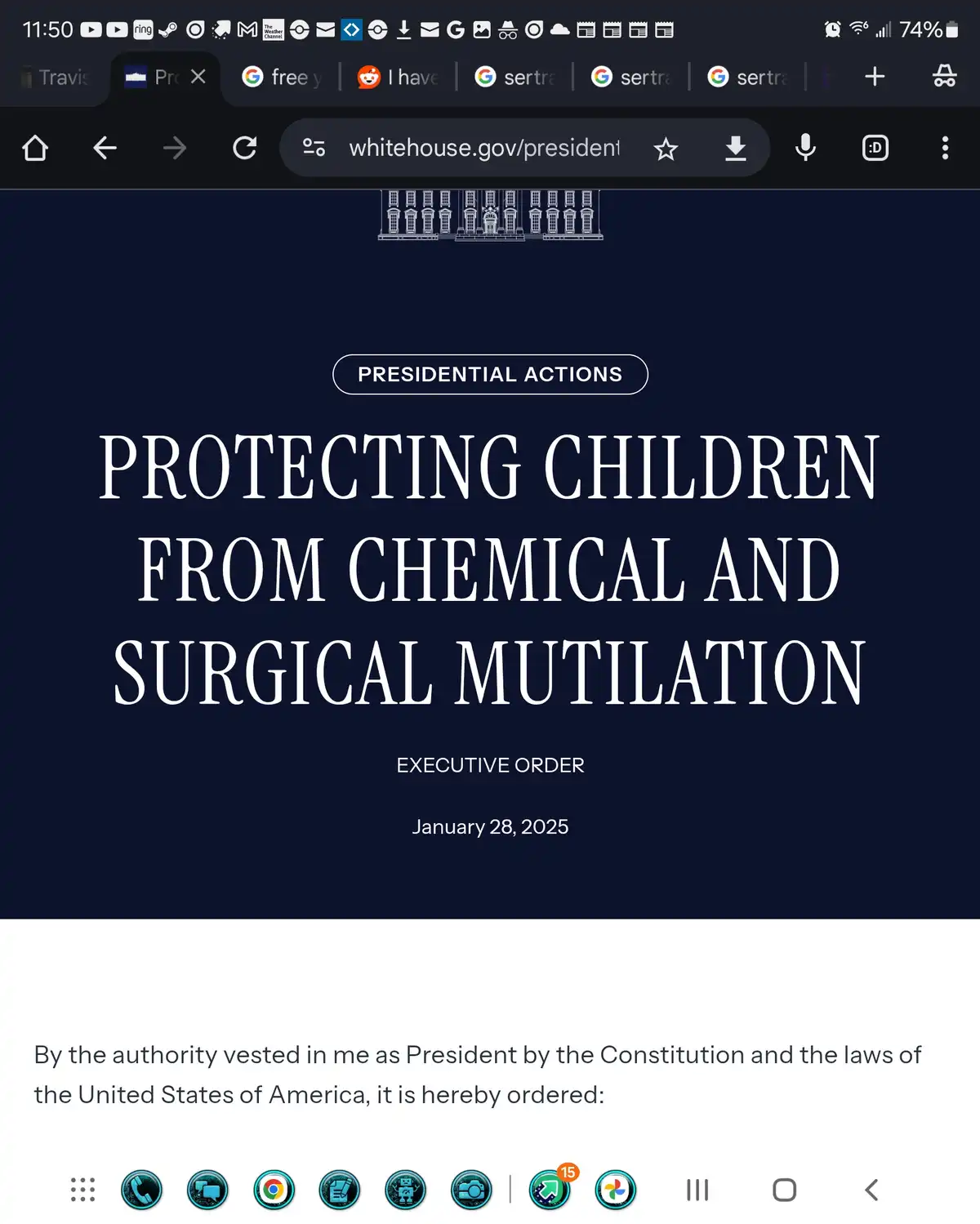 A screenshot of a fake White House website showing an 'Executive Order' dated January 28, 2025, titled 'PROTECTING CHILDREN…