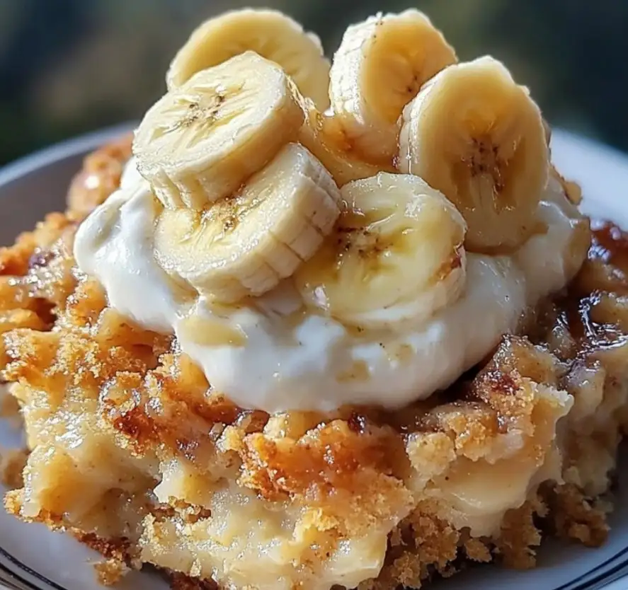 A close-up photo of a dessert with a golden-brown crumbly base, topped with a creamy white layer and garnished with sliced…