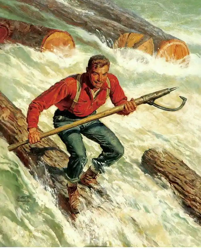A vintage painting depicts a man in a red shirt and suspenders standing on a log in a turbulent river, holding a long pole…