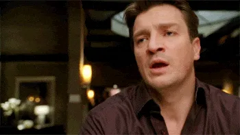 A six-panel sequence shows actor Nathan Fillion in a dimly lit restaurant, transitioning from a surprised expression to a…