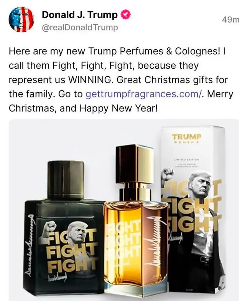 A screenshot of a tweet from Donald J. Trump's official account showing two Trump-branded perfume bottles and a box labeled…