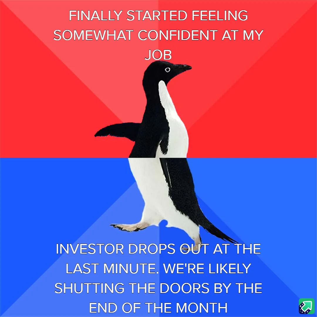 A penguin stands against a red and blue background, split horizontally. The top half reads 'FINALLY STARTED FEELING SOMWHAT…