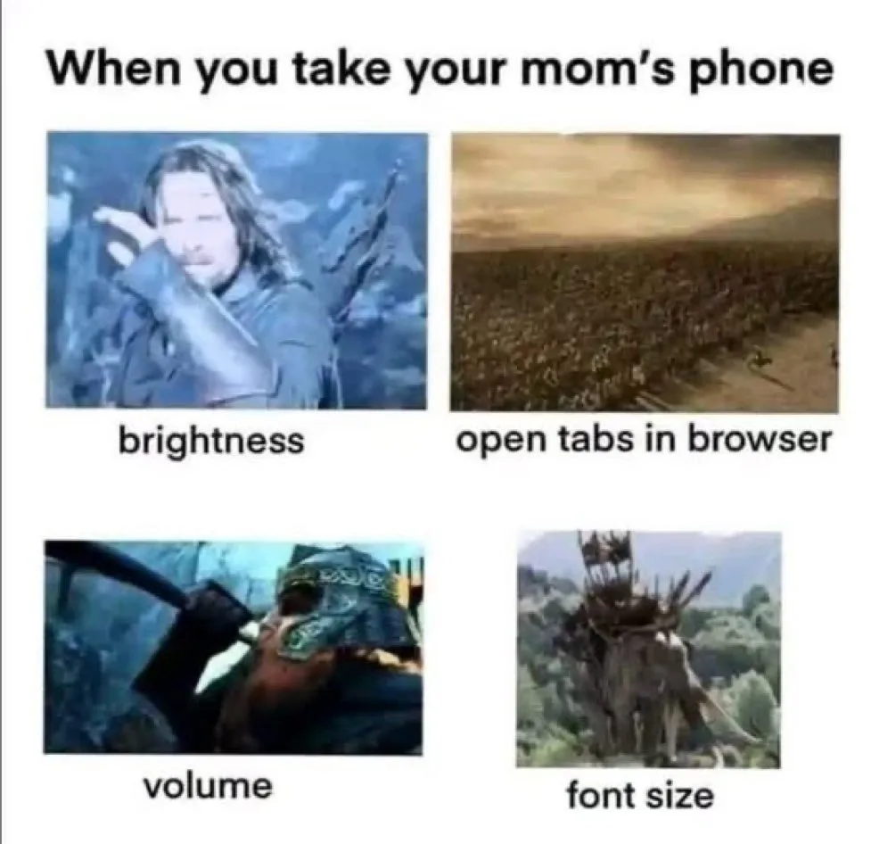The image is a four-panel meme showing scenes from 'The Lord of the Rings' to represent the chaos of using a mom's phone…
