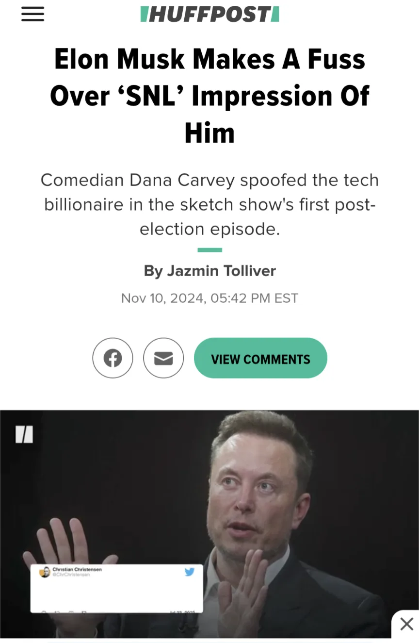 A screenshot of a HuffPost article headline about Elon Musk reacting to a Saturday Night Live impression. The article text…