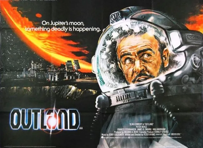 A movie poster for 'Outland' shows a close-up of a weary astronaut in a helmet, looking upward with a concerned expression…