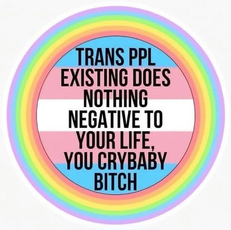 A circular image features a rainbow border surrounding a trans flag patterned circle. Bold black text overlaid on the flag…