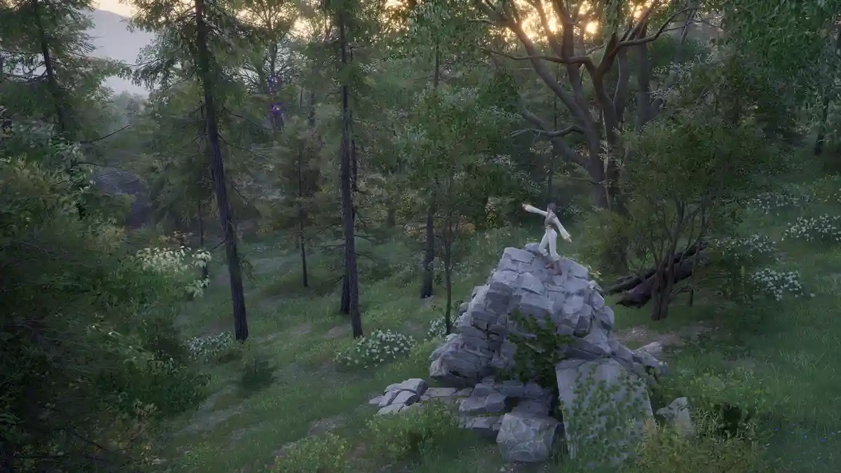 Stand on the tilted ruin pillar and look towards the northeast.