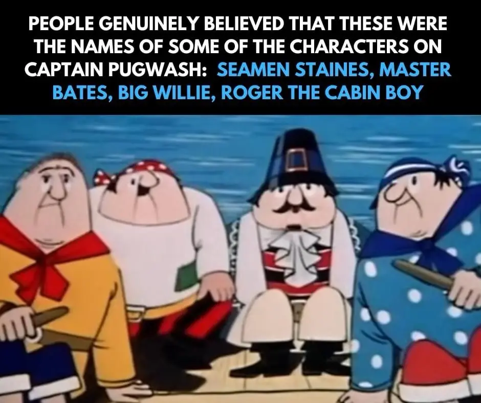 The image shows four cartoon sailors from the animated series 'Captain Pugwash' standing on a ship's deck against a blue sea…