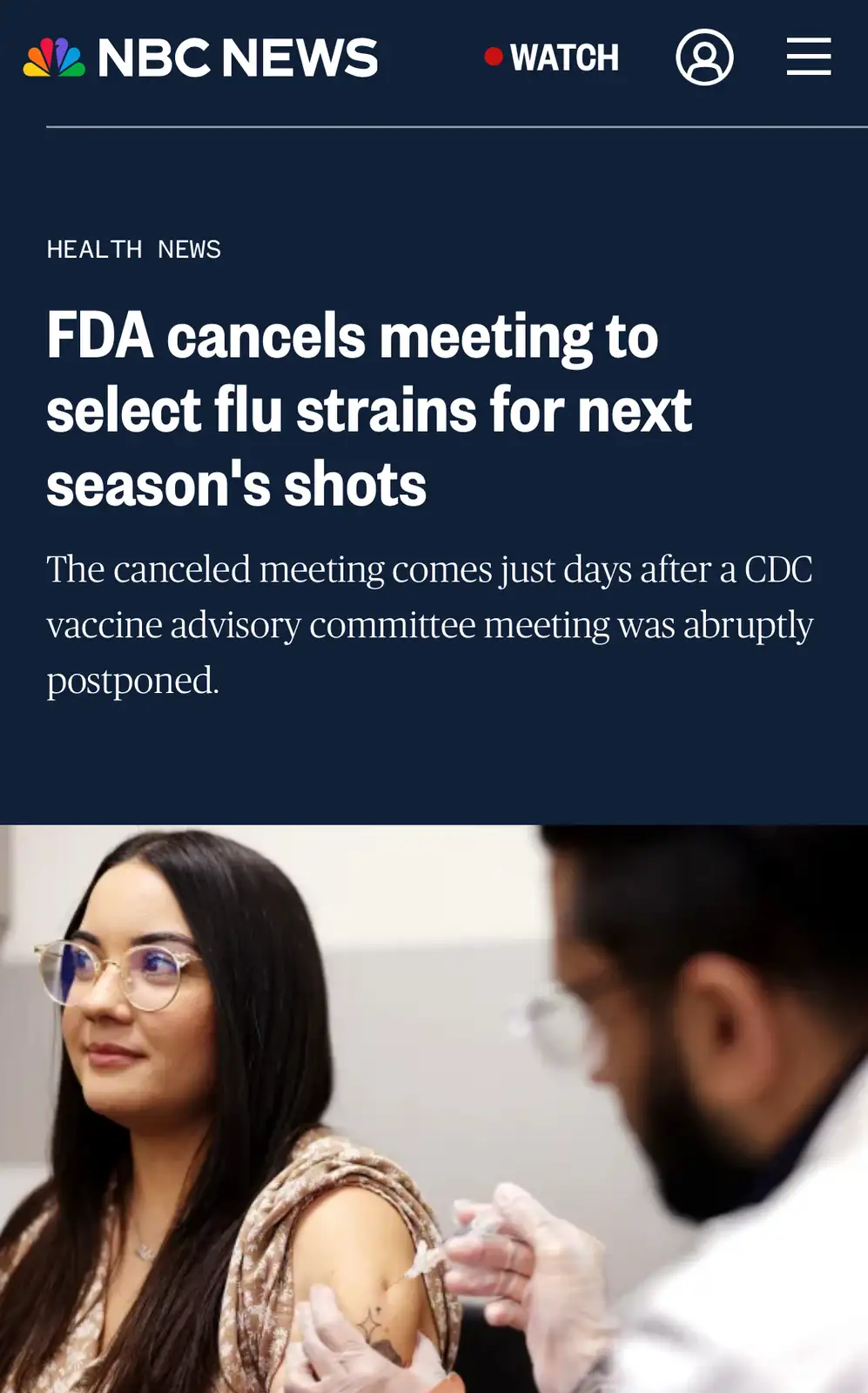 An NBC News health article headline reads 'FDA cancels meeting to select flu strains for next season's shots' above a photo…