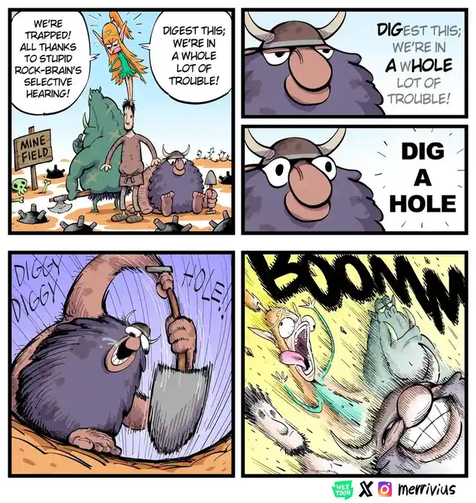 A four-panel comic strip shows a group of cartoon characters trapped in a minefield. A fairy blames a 'rock-brain' for their…