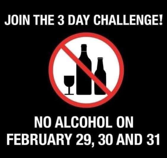 A black background features bold white text at the top reading 'JOIN THE 3 DAY CHALLENGE!' and at the bottom 'NO ALCOHOL ON…