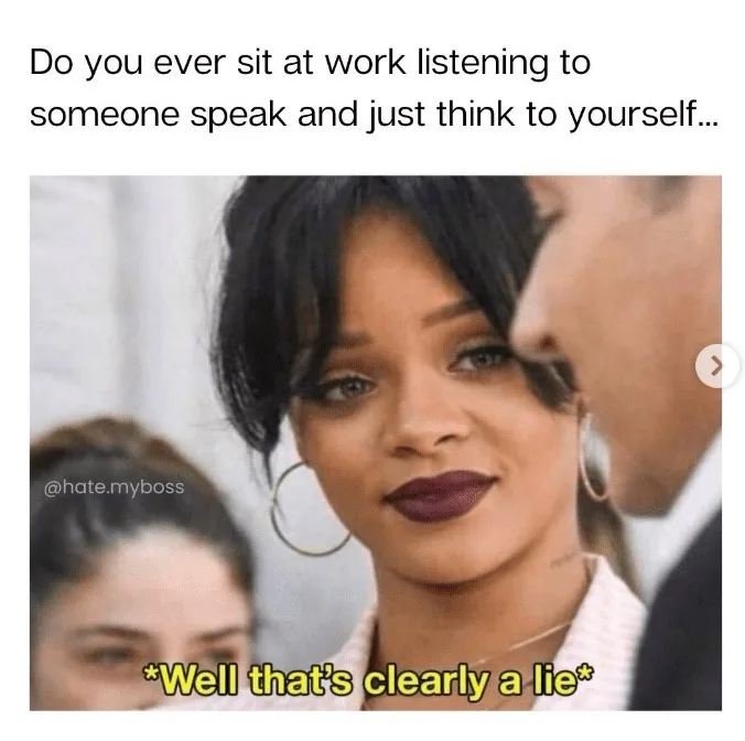 A close-up image of Rihanna looking skeptical and unimpressed, with a man partially visible beside her. The overlaid text…