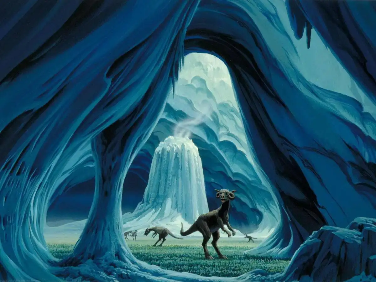 A painting depicts a fantastical icy cavern with blue, flowing ice formations framing a view of a snowy landscape. Several…