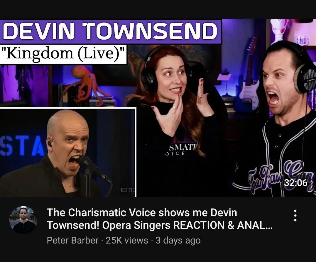 A reaction video screenshot showing two people with headphones, visibly shocked and excited, watching a performance of Devin…
