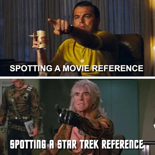 The top panel shows Leonardo DiCaprio pointing accusingly while holding a coffee mug, with text reading 'SPOTTING A MOVIE…