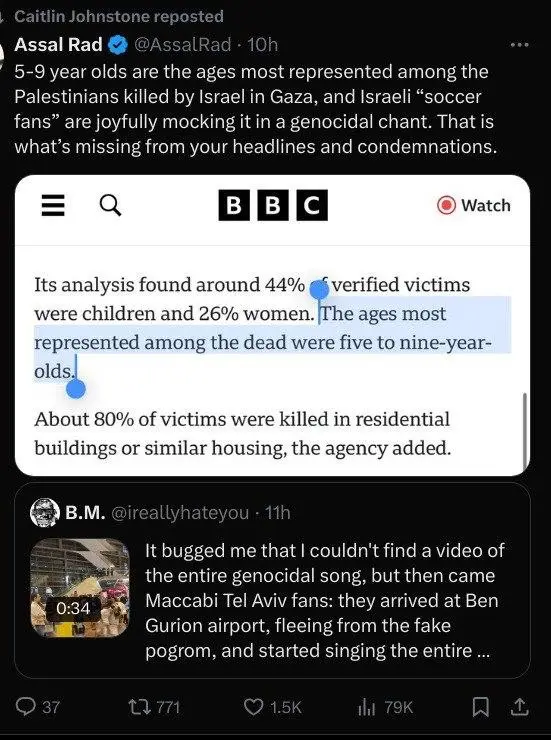 A screenshot of a BBC article highlighting that 5-9 year olds were the most represented age group among Palestinian victims…