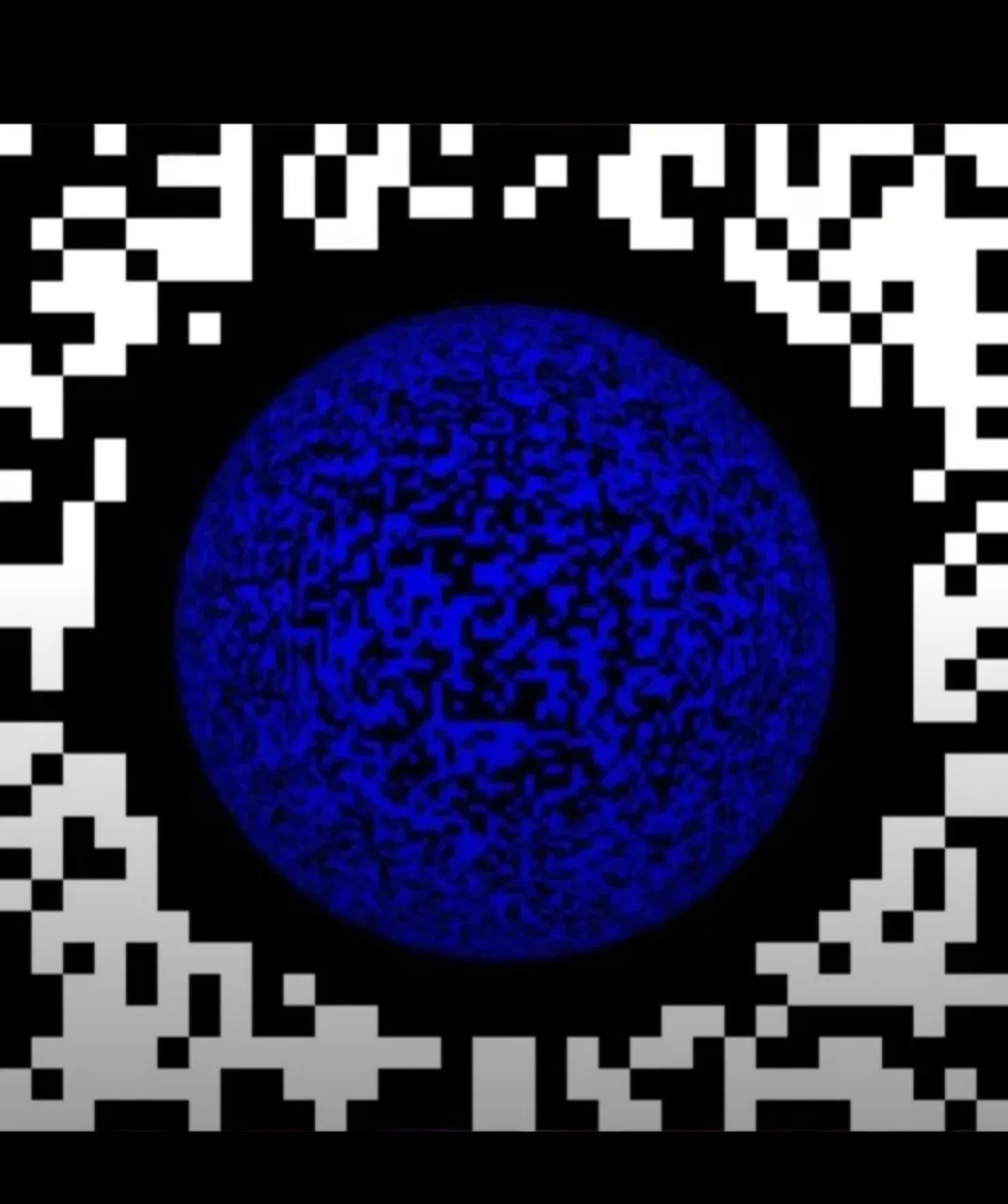 A pixelated image shows a blue, textured sphere centered on a black background, surrounded by a white and gray pixelated…