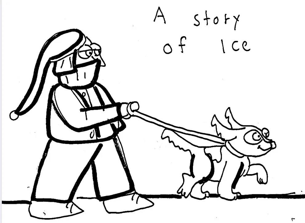 A hand-drawn black-and-white cartoon shows a person in a Santa hat and glasses walking a small dragon on a leash. The text…