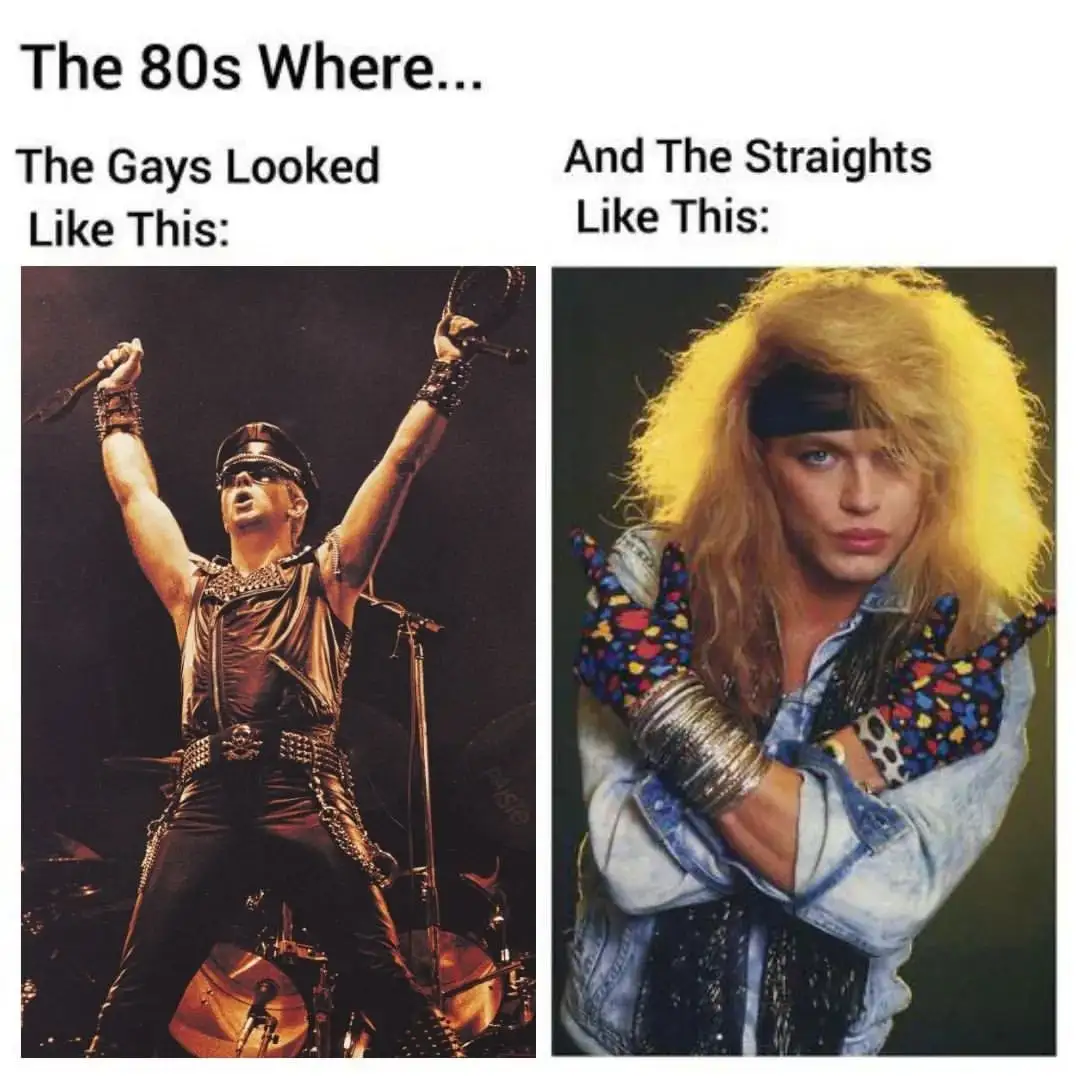 The image is split into two panels. The left panel shows a man in a leather outfit with sunglasses and a hat, arms raised…