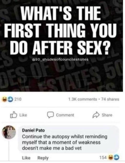 A screenshot of a Facebook comment thread shows a question 'WHAT'S THE FIRST THING YOU DO AFTER SEX?' overlaid on a dark…