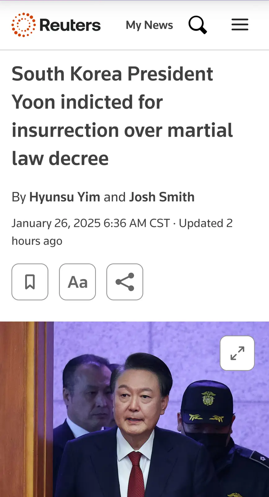 A screenshot of a Reuters news article dated January 26, 2025, with the headline 'South Korea President Yoon indicted for…