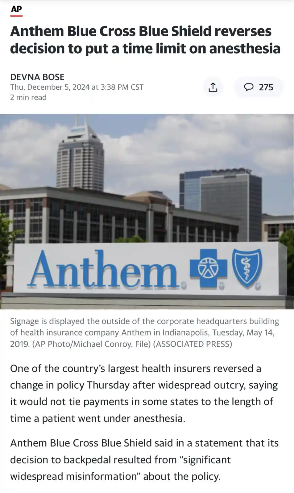 A screenshot of an Associated Press news article shows a photo of the Anthem corporate headquarters sign in Indianapolis…