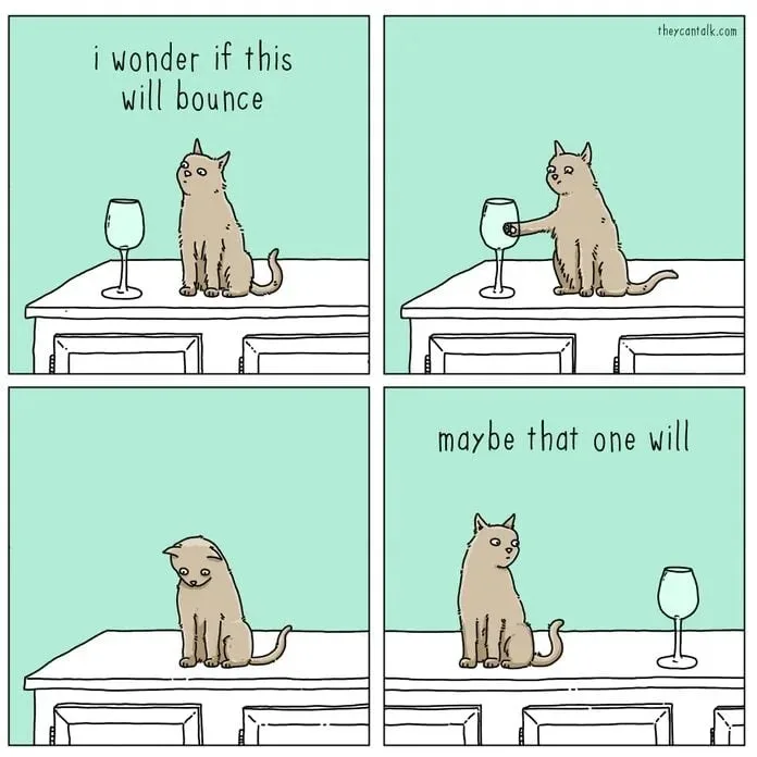 A four-panel comic shows a cartoon cat sitting on a white countertop next to a wine glass. In the first panel, the cat…