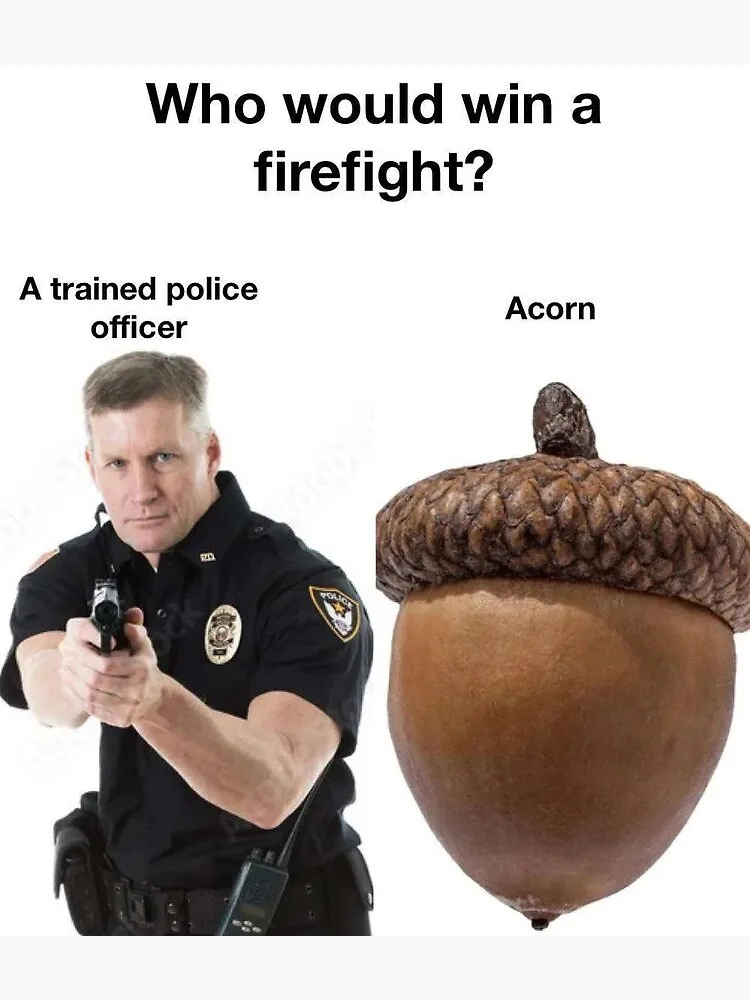 The image displays a police officer aiming a handgun at the viewer, positioned next to a large acorn. Text above asks 'Who…