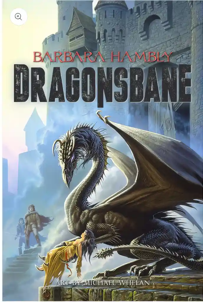 The image is a book cover for 'Dragonsbane' by Barbara Hambly, featuring a large, dark dragon with wings spread, perched on…