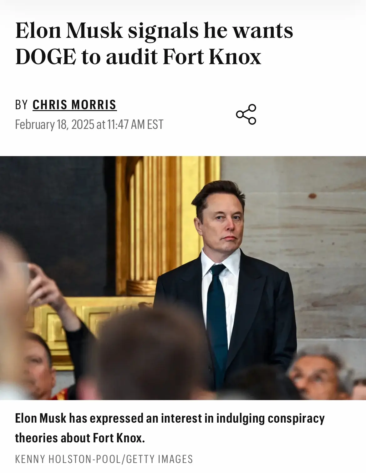 The image shows a news article header with the headline 'Elon Musk signals he wants DOGE to audit Fort Knox' by Chris Morris…