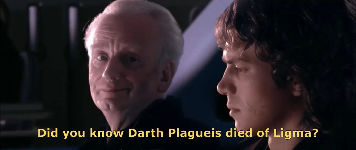 A still from Star Wars shows two characters, one older with white hair smiling slightly while looking at a younger character…