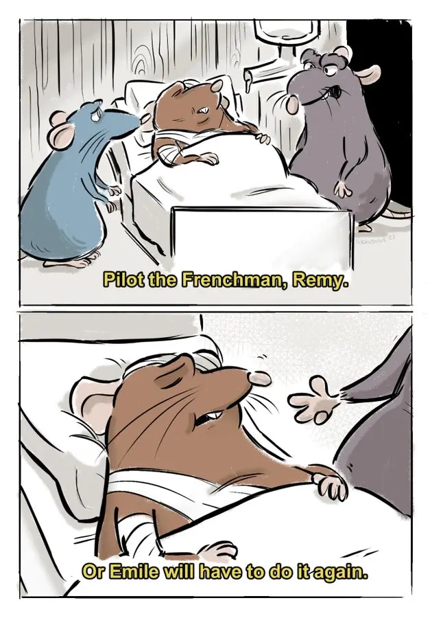 A two-panel comic strip featuring anthropomorphic mice. In the top panel, a blue mouse and a grey mouse stand beside a bed…