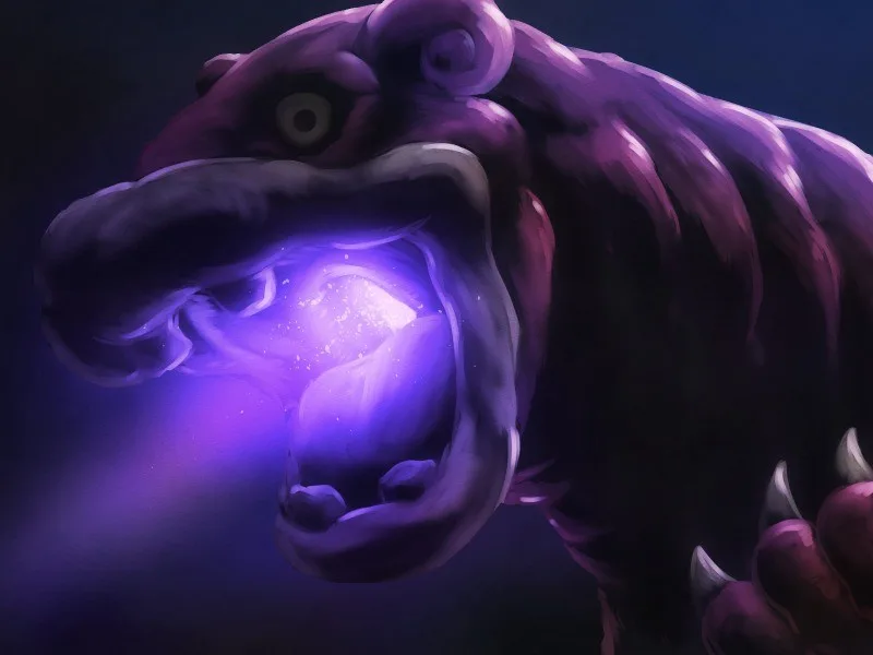 A digitally rendered, purple-hued bear with glowing eyes and sharp claws roars with its mouth wide open, revealing a bright…