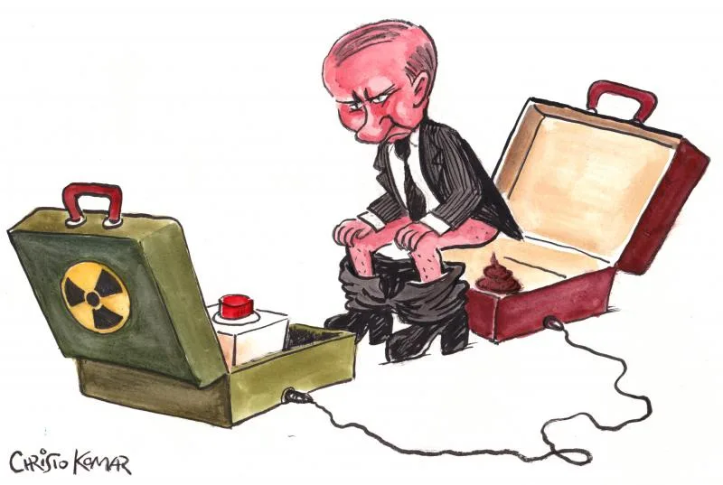 A cartoon caricature of Vladimir Putin, depicted as a bald, angry man in a suit, is shown sitting on a red suitcase with a…