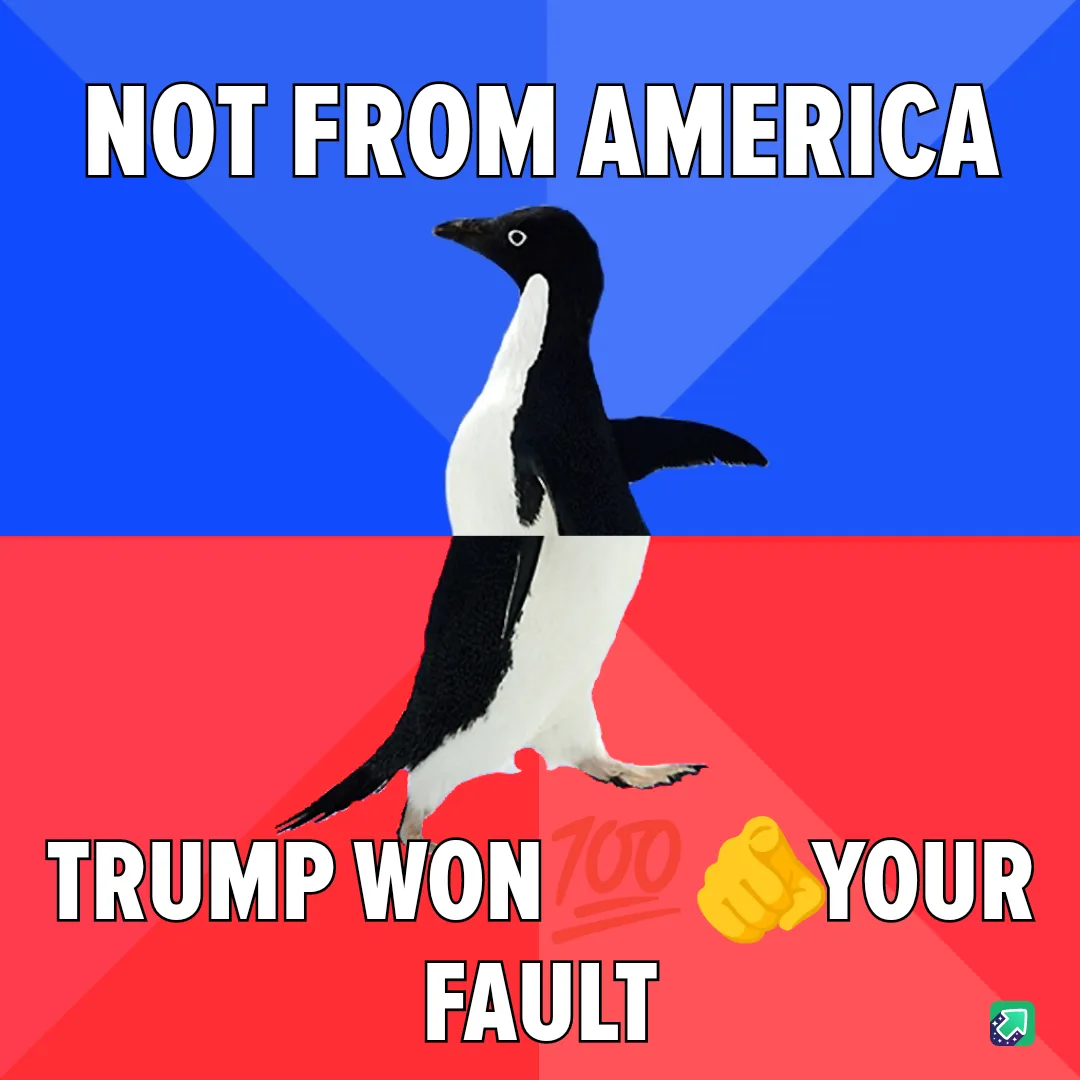A black-and-white penguin stands centered against a split background of blue and red. The top text reads 'NOT FROM AMERICA'…