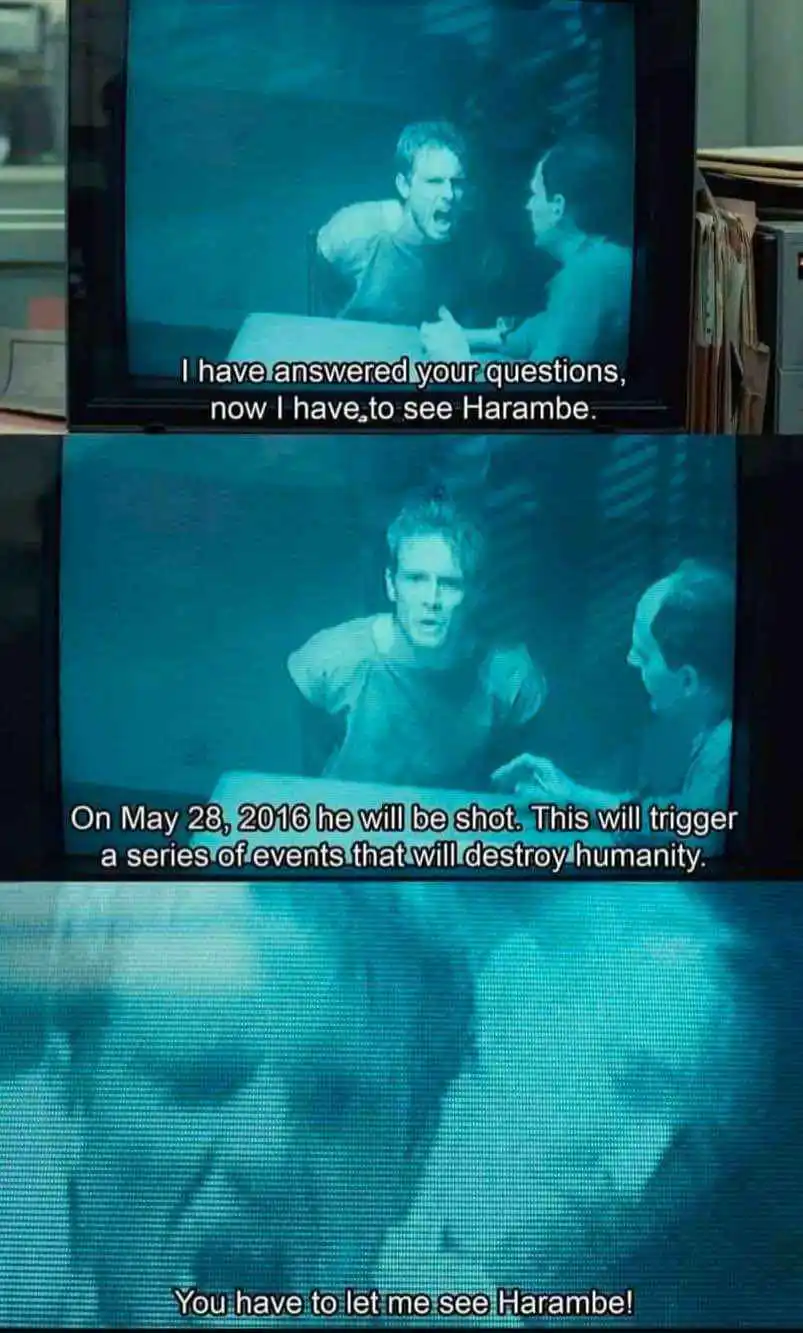 The image is a three-panel meme showing a TV screen displaying a scene from the movie 'The Matrix' where a character is…
