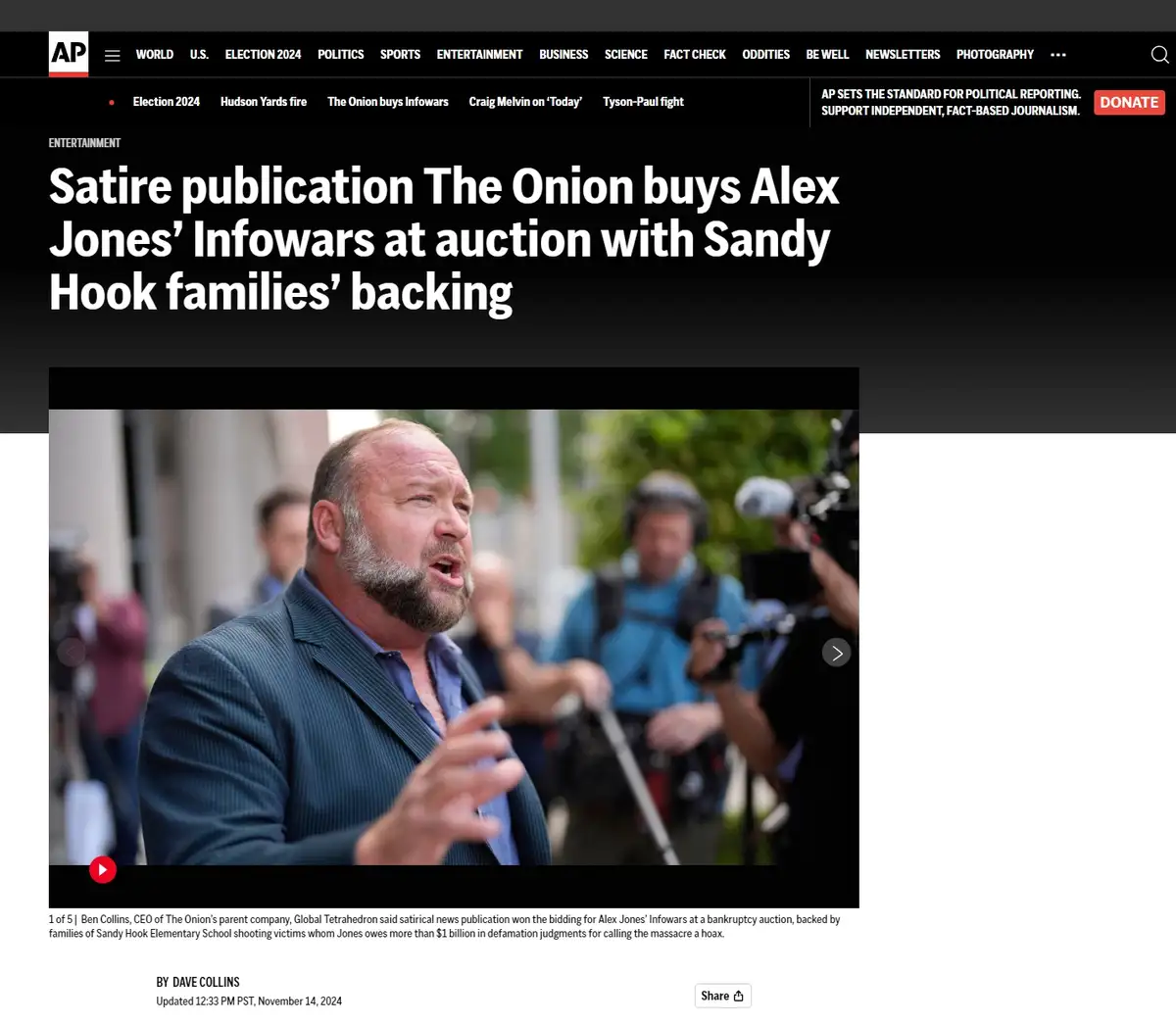 The image shows a screenshot of an Associated Press news article with a headline about The Onion buying Alex Jones'…
